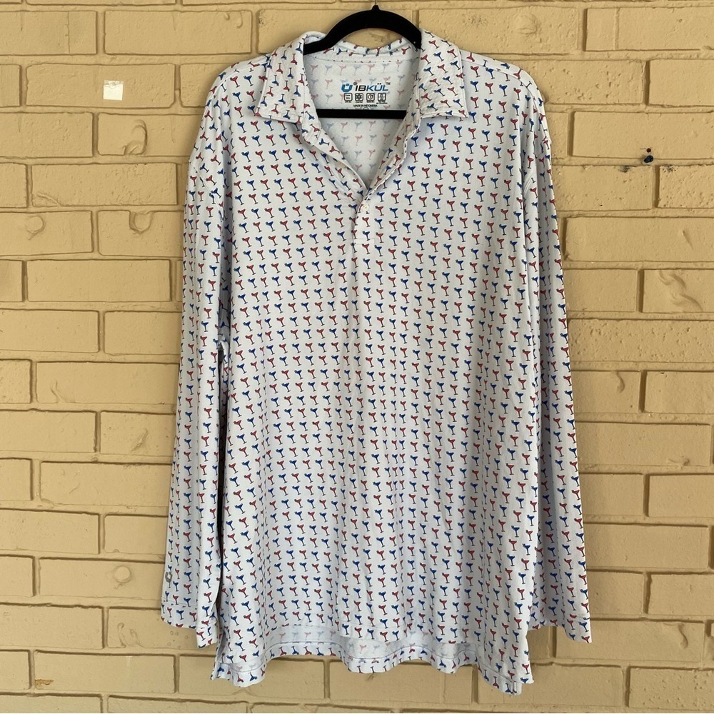 Ibkul Shirt Mens XXL Martini Glasses All Over Print Polo Long Sleeve UPF 50 Golf